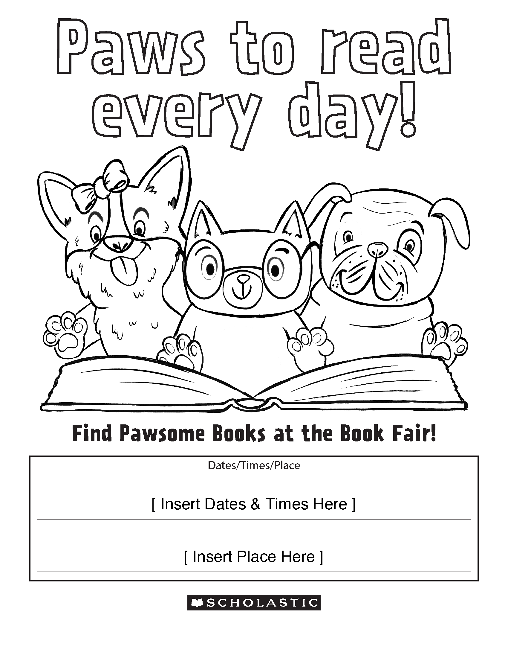 Colouring page dogs and cat reading 1 bw Colouring page dogs and cat reading
