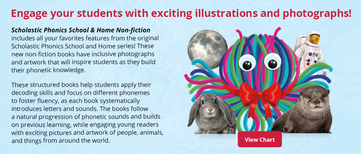 Scholastic Phonics School & Home Non-fiction includes all your favorites features from the original Scholastic Phonics School and Home series! These new non-fiction books have inclusive photographs and artwork that will inspire students as they build their phonetic knowledge.
These structured books help students apply their decoding skills and focus on different phonemes to foster fluency, as each book systematically introduces letters and sounds. The books follow a natural progression of phonetic sounds and builds on previous learning, while engaging young readers with exciting pictures and artwork of people, animals, and things from around the world.